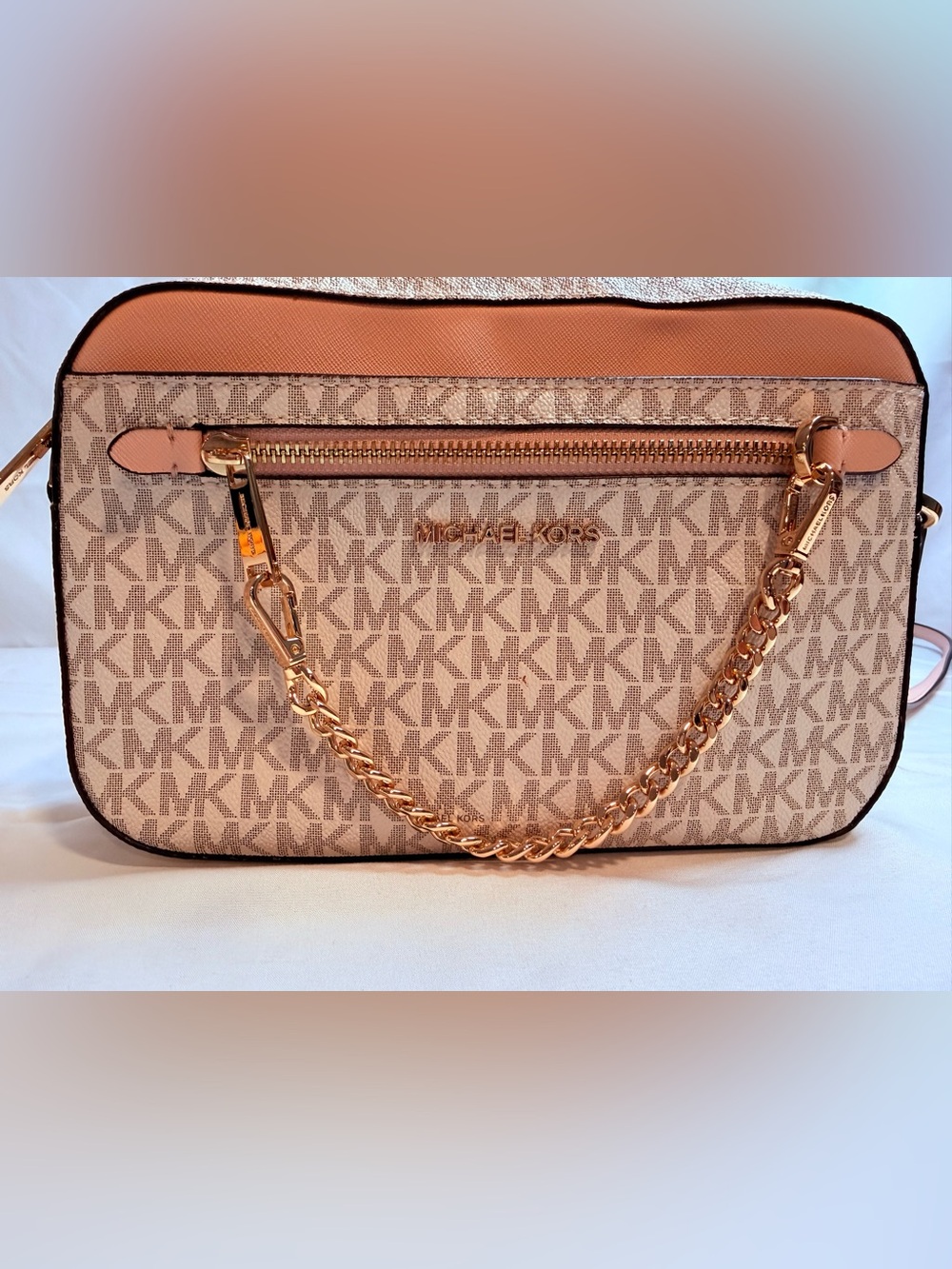 Michael Kors Beige and Gold MK Logo Chain Satchel